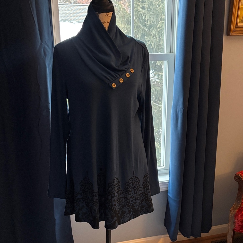 Elegant Navy Cowl Neck Tunic with Button Accents NWOT